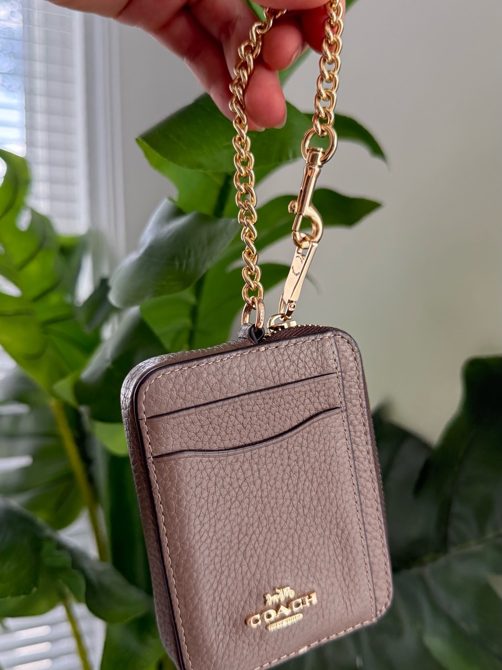 Coach Pebbled Leather Card Case Wristlet in Taupe with Gold Hardware